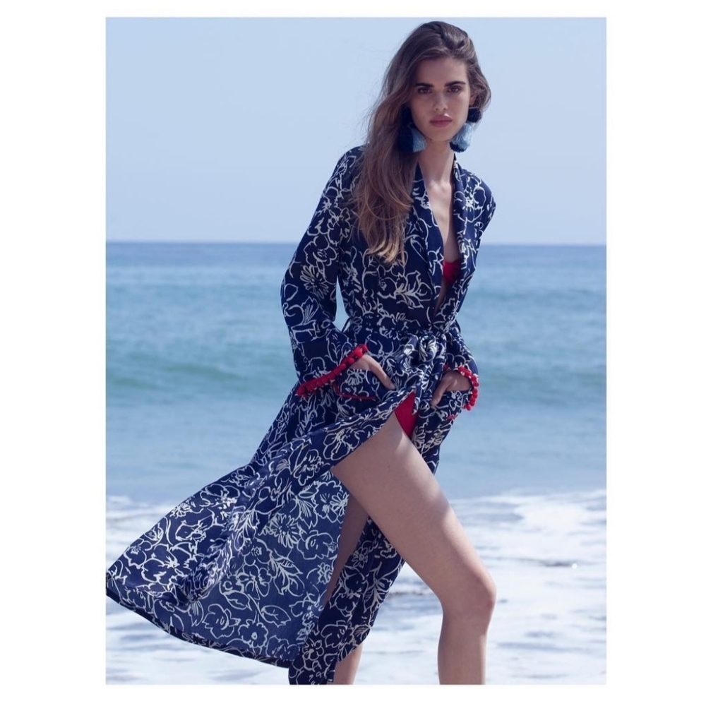 MISA Los Angeles Malini Floral Print Kimono Duster Robe Navy